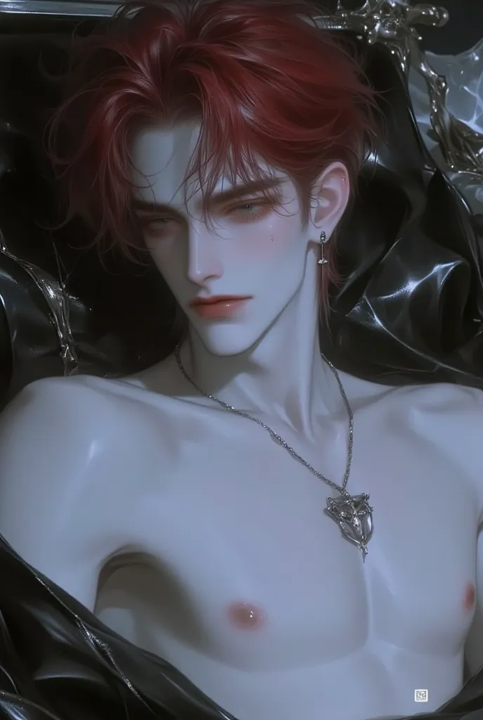  Male, short hair , completely black hair, Shiny hair, Messy hairstyle, Open mouth, Dark eyes, Satisfied face,  Evil Smile , Scenic Background, Mole at the corner of the mouth /  Charm Moles , Flickering, naked, Full body, redhead, Lying on a nursing bed