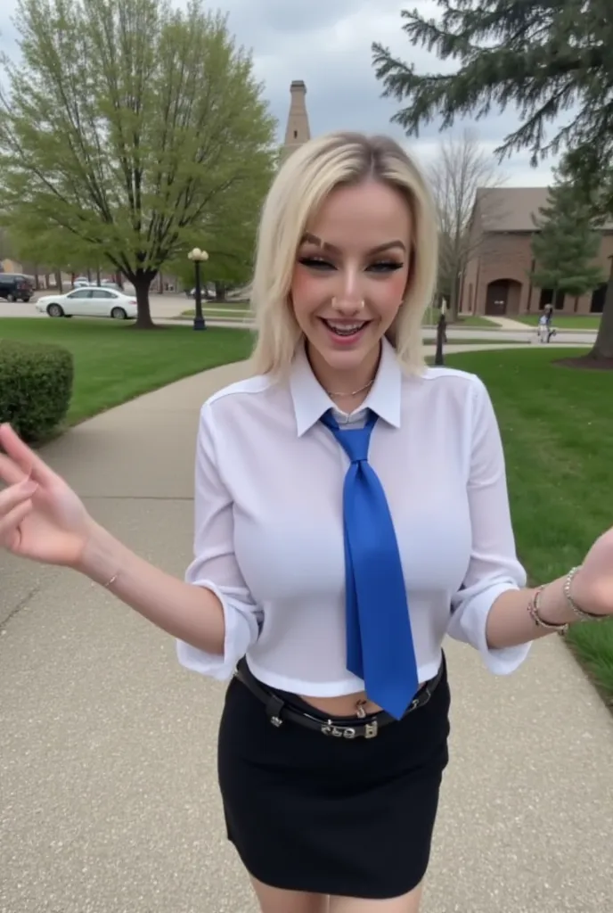 

seven, blue eyes,  eyeshadow, pomade, 1girl, One, short hair,  shaved side , blond hair, female focus,  smile, standing,  arms on sides,  shirt, (blue tie), \(black\) skirt,  belt, heels,(snide bitch, Arrogant, evil)
BREAK sidewalk, Park,