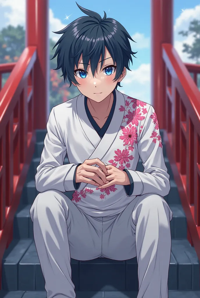 Make an image of Manjiro Sano sitting on a staircase in a Japanese temple. He has short hair and cool blue eyes, wearing your gang's uniform, in the body of a , Anime Style. The gang's uniform is white and features Sakura flower details (The Japanese rose ...