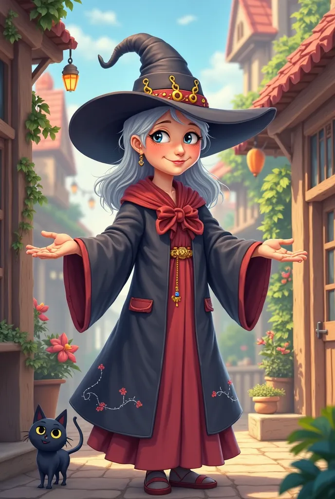 old witch looking lovely and sweet wearing witch clothes in cartoon comic style anime style 