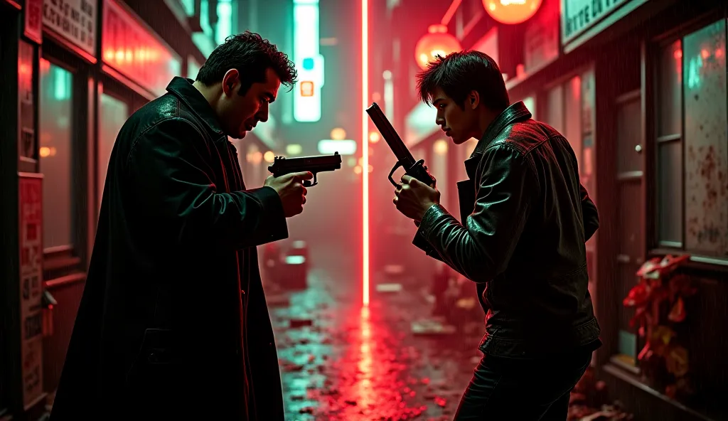 A dramatic showdown in a dark, rain-soaked Kabukicho alley under flickering red and green neon lights. Kazuya Takahashi, a cold yakuza in a long black coat, holds a smoking pistol, his sharp face half-lit with a calculating gaze. Opposite him, Hiroshi Naka...