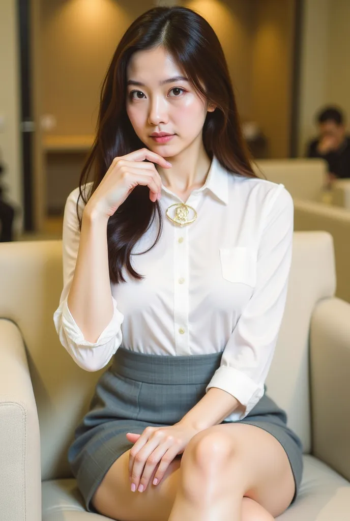 a young woman seated on a light-colored chair in an indoor setting, likely an office or lounge. She has long, dark hair styled neatly, and her expression is poised and confident. She is dressed in a professional yet stylish outfit, consisting of a white bl...