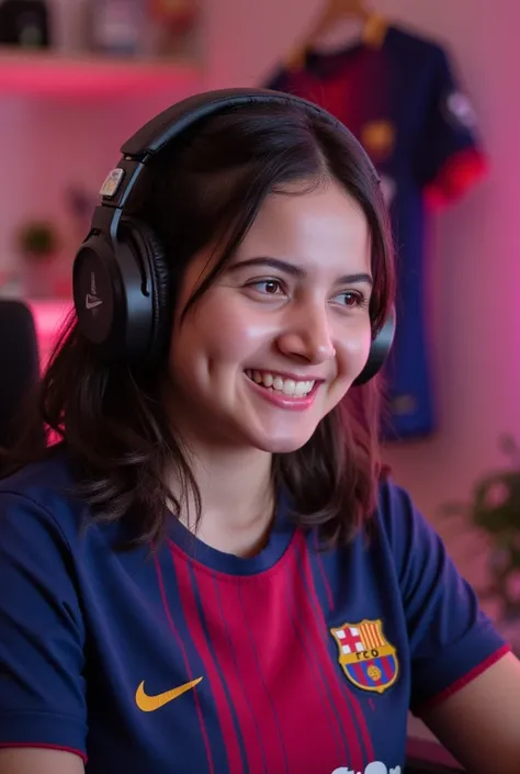 A gamer girl with headphones, a super happy gamer girl, a little fed up with the Barcelona shirt 