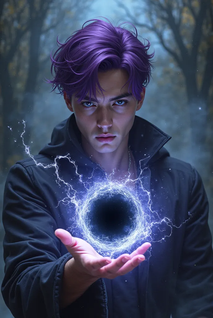 Create an image of a 20-year-old man with some purple hair, That this serious,Have a black hole in your hand and a dark aura in the background 