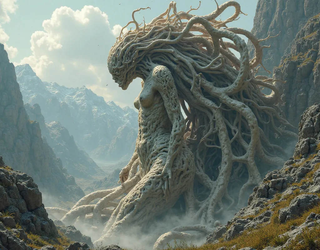 Labyrinth of living flesh in the form of a woman with a mountain range