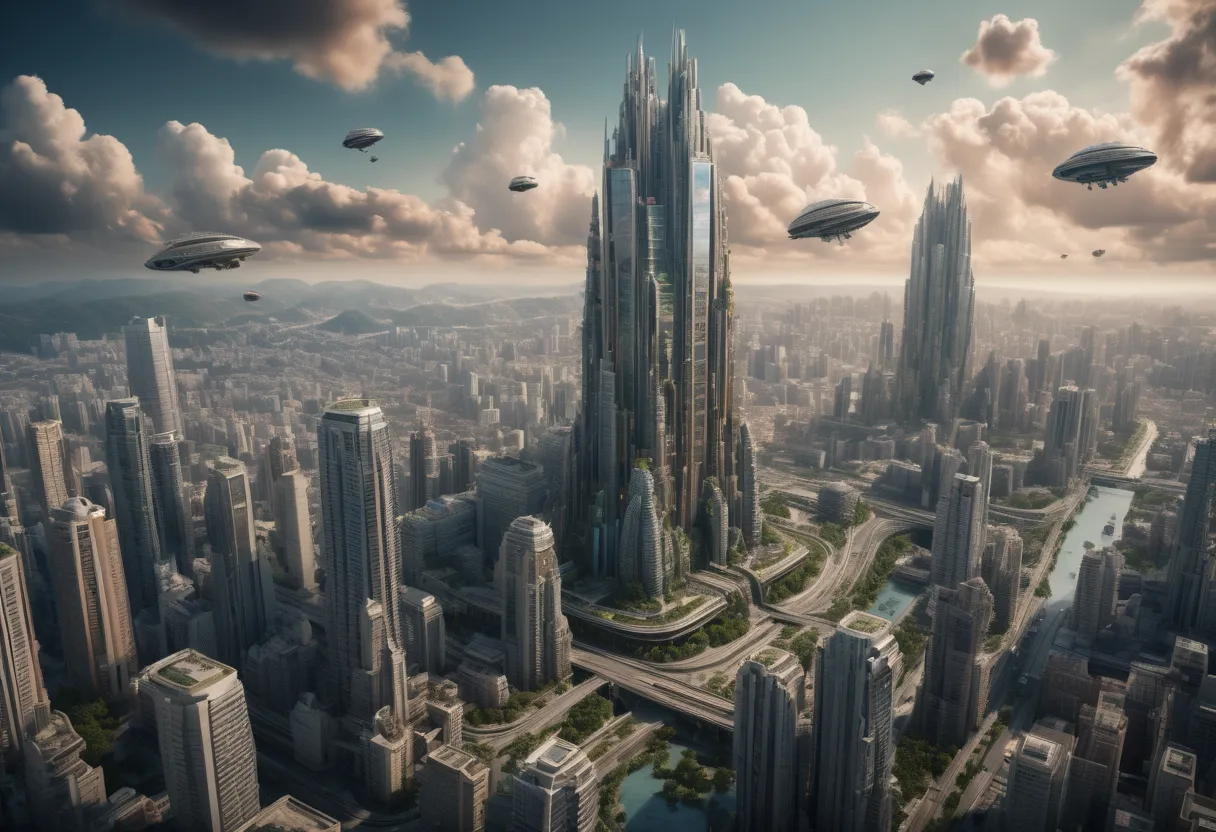 epic realistic, RAW, analog, A full portrait of stunning scenery of floating metropolis skyscrapper and flying vehicles, natural look,   masterpiece that captures the essence and marvel of the floating city and modern sci-fi, ((highly detailed sky, ukijima...