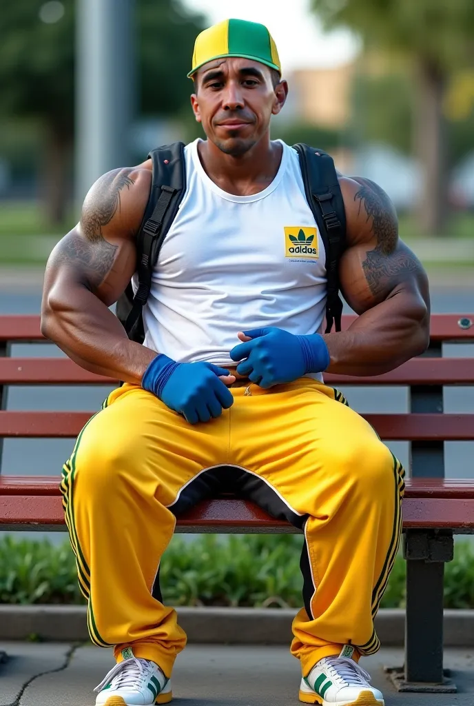 Muscular latin man, his skin is dark. He wear white, yellow and green Adidas basquet sleeveless t-shirt . He has a green and yellow cap, white and green sneakers . He has yellow and black Adidas tracking long pants. He wears blue Adidas gloves. Very muscul...