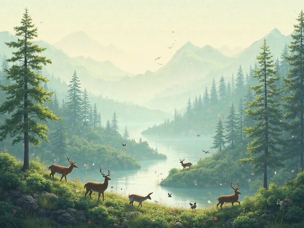 A panoramic view of a calm forest or mountain landscape with various animals moving peacefully. Add text overlay like "Lessons from Nature" with soft, tranquil music.
