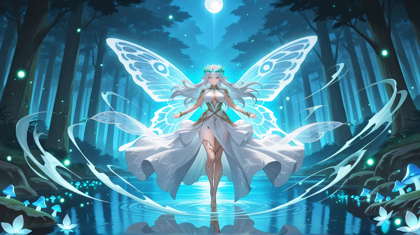 masterpiece, best quality, amazing quality, 1girl, fantasy elf, pointy ears, ethereal beauty, glowing cyan eyes, flowing silver hair, intricate floral crown, translucent butterfly wings, celestial runes, magical aura, sparkling particles, moonlight illumin...