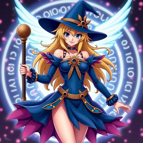 YU-GI-OH carte monstre, la prêtresse magicienne, habillée en bleu indigo, long cheveux châtain clair, cercle magique en arrière plan, chapeau de magicienne, belle poitrine, corps complet, dans un style de peinture anime Yu-gi-oh duel Monster , anime YU-GI-...