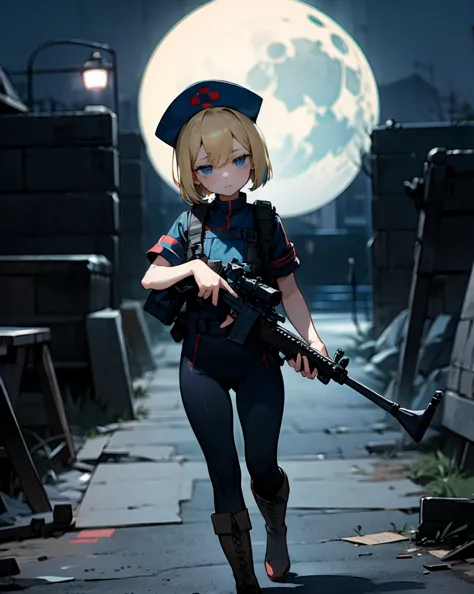 blond bob hair blue eyed girl from a distance、hair between their eyes、navy blue nurse costume、 nurse cap 、 Bulletproof Vest 、Carrying a rifle、wearing military boots、backpack、night、 moonlight 、Ruined City、Walking、depth of field、 petite and slender body、by, ...