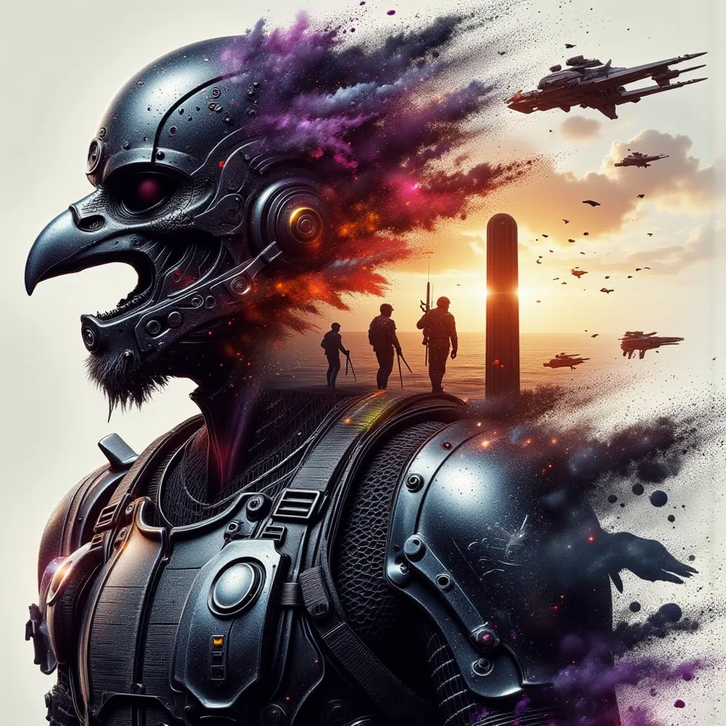 double exposure style, Prospect: Anthropomorphic Crow soldier, donned in black modern combat armor. Silhouette: the name "Crowmetheus" overlayed a Space battle, soldiers and starships. Colorful, Dynamic Pose, Dynamic contrast ,Silhouette intensity strong, ...