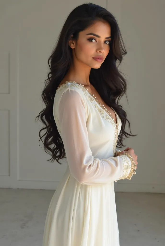 A Pakistani girl with glamours facial features long hair age between 21-23 looking at the camera standing side pose wearing white body fit salwar kameez . Body measurements waist 25, hips 38, bust 38