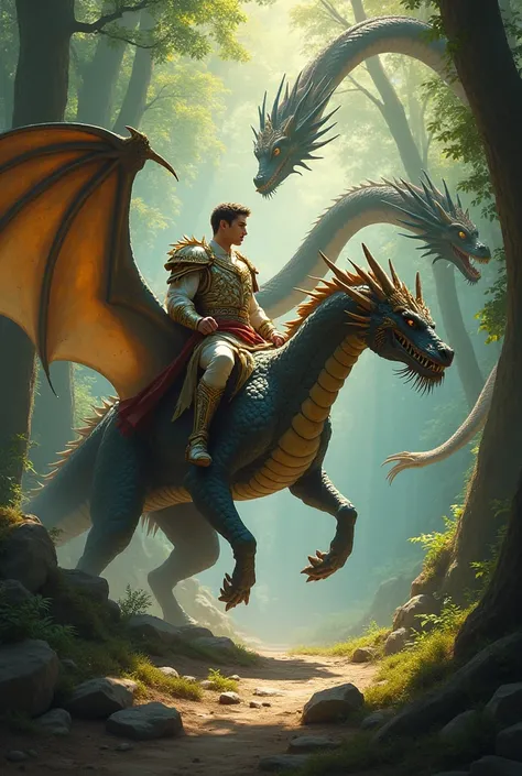 A beautiful prince riding a legendary dragon in a forest battle with a ten-headed serpent