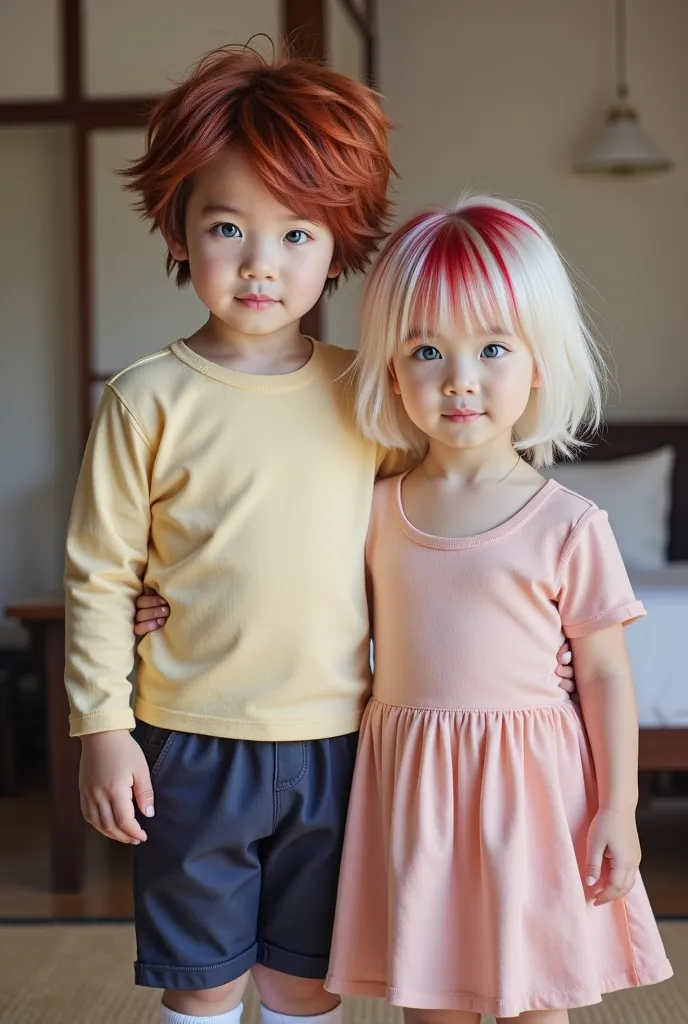 Realistic photography art, extremely realistic photo of A young boy, he has blood-red hair, messy slightly wavy hair, striking light blue eyes, asian eye shape, fair skin, round face. Wear a pale light yellow long sleeve shirt, dark blue shorts, White sock...