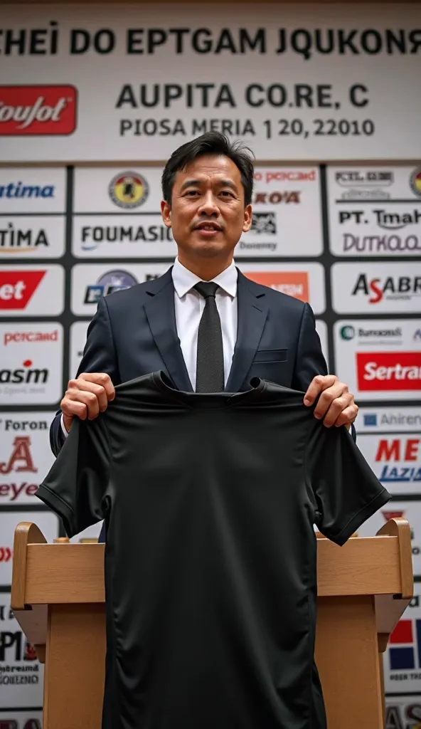 A football manager in formal attire is holding a press conference. He is presenting a black jersey, clearly displaying its back to the audience. The jersey is plain black with no design, emphasizing the rear view. The backdrop is clearly visible and filled...