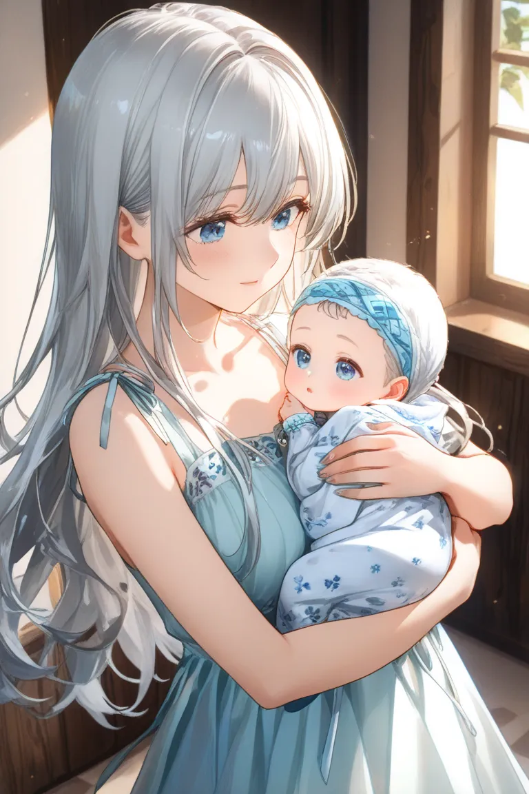  Silver Hair、long hair、blue eyes、living、sofa、dress、medium chest、holding the baby