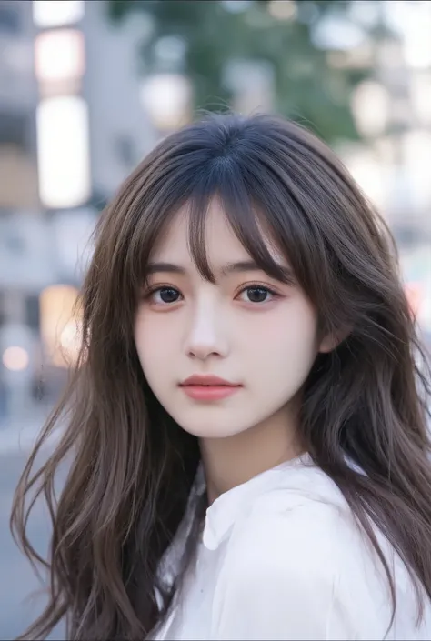 ( masterpiece, highest quality :1.2), 1 female, Around town,white shirt,cute face ,Baby Face,Japanese woman,long hair, her hair is wavy,high school girl,Cinematic Lighting , focusing on her face ,background blur, Amazing Vibes,Asian Face,beauties, beauty