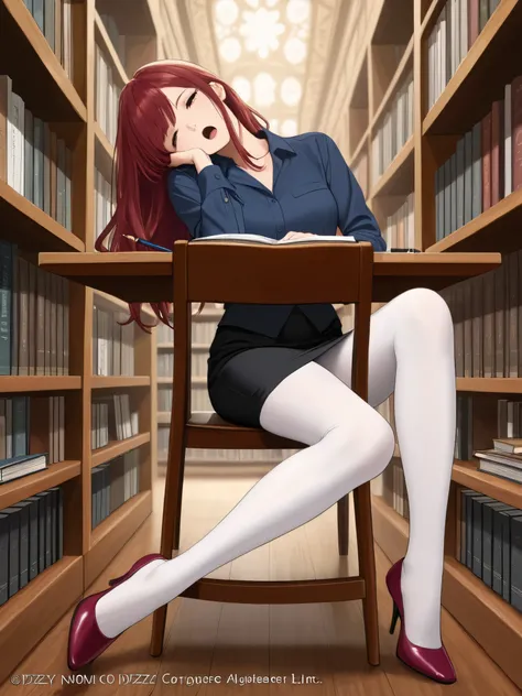 masterpiece, best quality, detailed eyes, 1girl, {sleepy:3.0}, dizzy, {white tights:4.0}, white legwear, open mouth, {eyes open:3.0}, pencil skirt, dress shirt, navy shirt, library, pen, official art, dark red hair, long hair, leaning backwards, head tilt,...