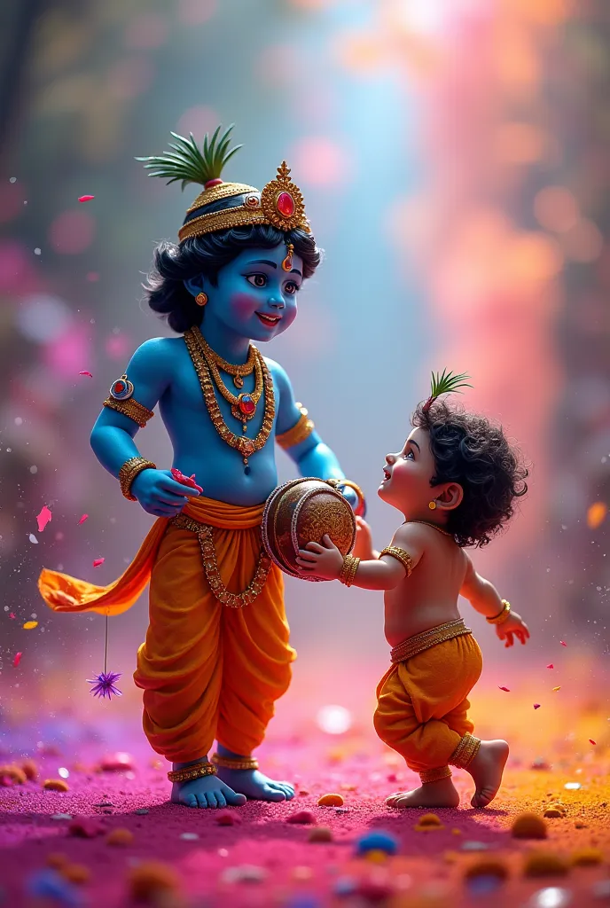 Lord Krishna playing Holi with small Bal Gopal while playing drums hanging around his neck brights clean led art 