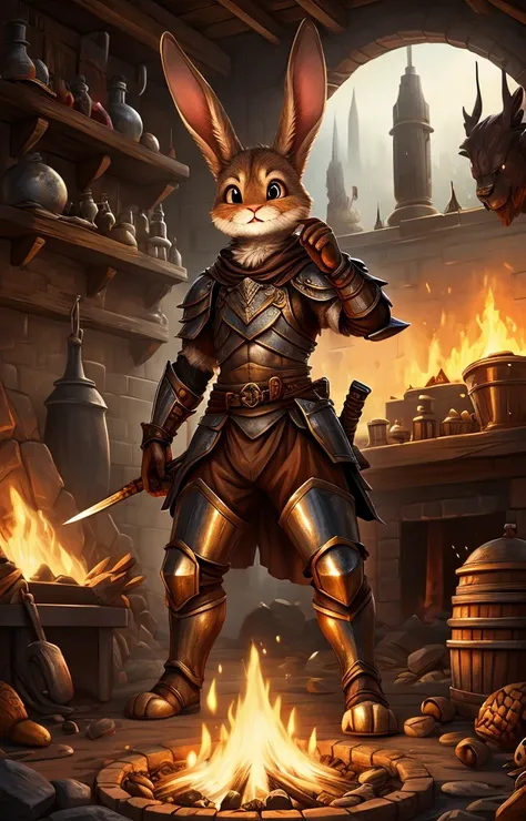 I need a furry rabbit with saggy ears, with simple rusty armor, with frightened gestures and body expression, in the middle of a forge and surrounded by various creations that are more decorations than weapons.