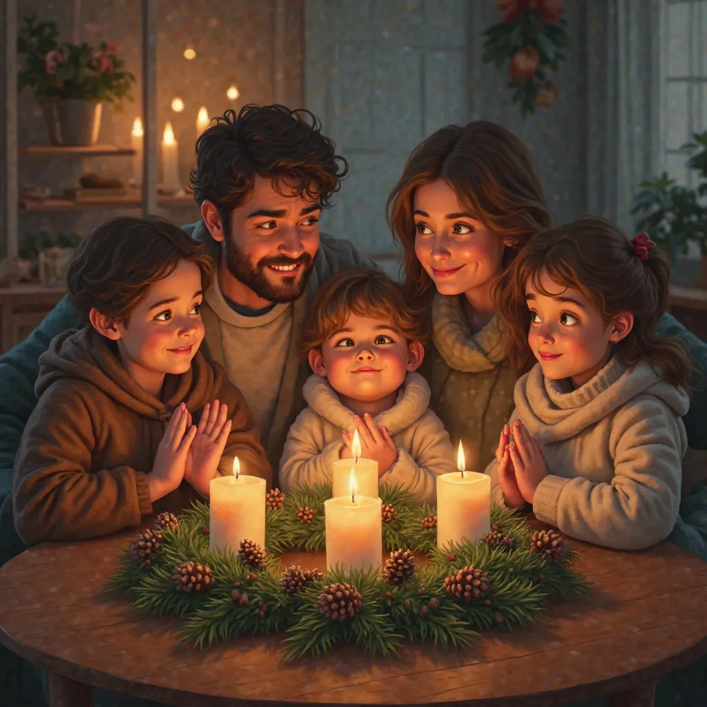 'Family gathered around an Advent wreath with burning candles