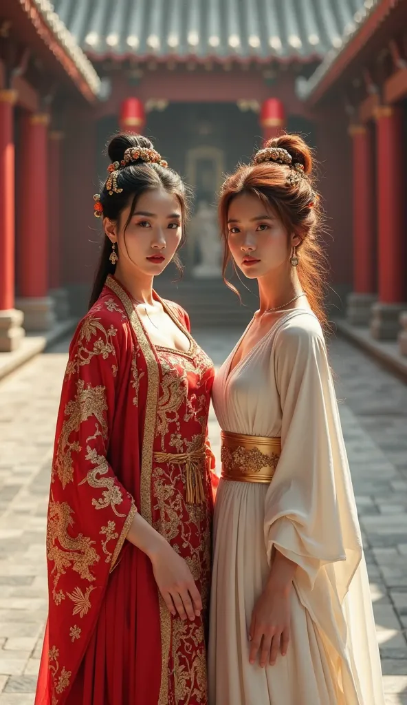 very detailed, very accurate, 4k quality, beautiful lighting, bokeh, , big breasts, big boobs,  beautiful face, awesome lips, brunette, shirt button is open .A queen of China and a queen of Greece stand side by side in a magnificent palace courtyard. The C...