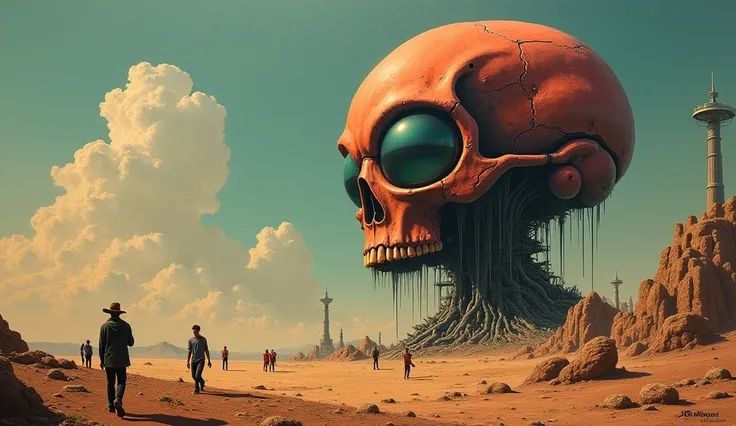 deep rich dark colors, minimalism, surrealism, surrealistic scene, futuristic, retro, vintage, science, utopia, dystopia, people, unusual landscape, strange landscape with a huge gigantic alien sci-fi skull, and people working standing running talking, ren...