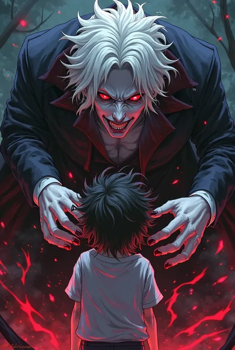 in anime style , a cute black vampire with wavy white hair and red and black eyes torturing a black boy with frizzy hair