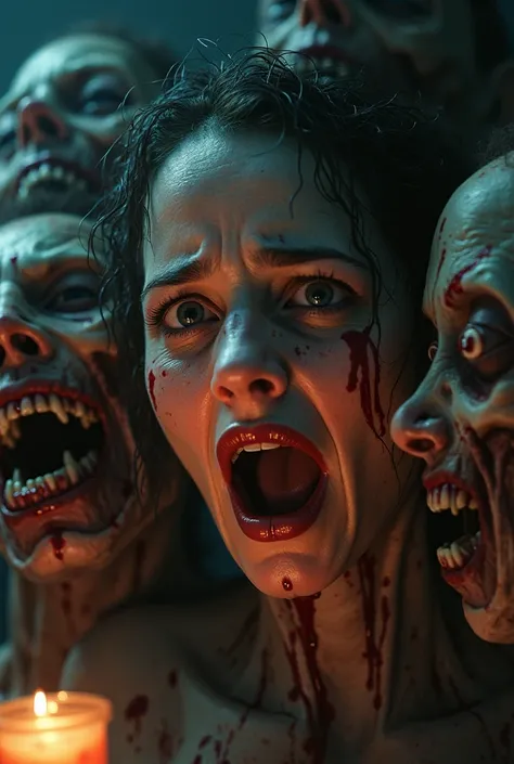 Image of a close-up of Lena’s terrified face, with the guests around her suddenly revealing their twisted, decayed forms. Their eyes are bloodshot, and their mouths drip with dark liquid.