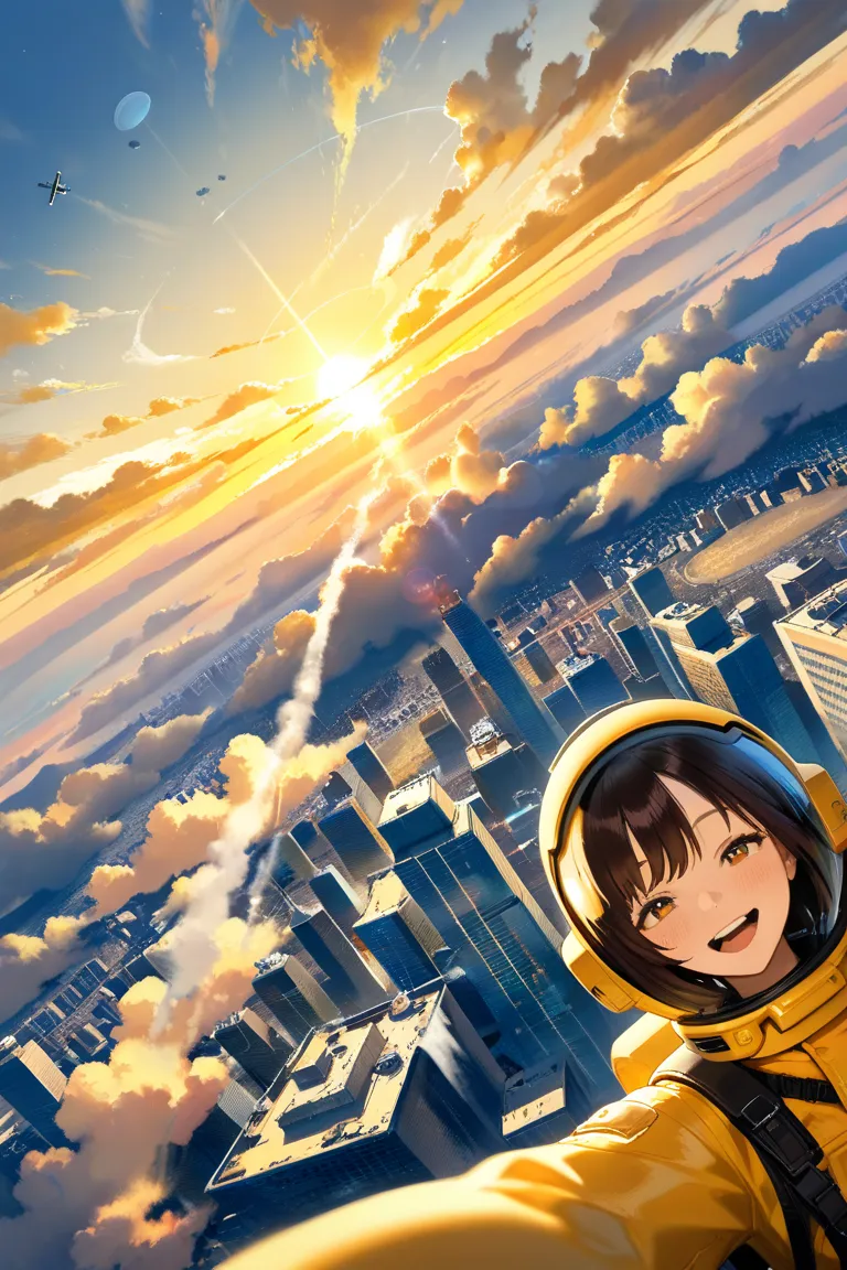 (A Floating City, floating on lots of yellow clouds, in background show, Futuristic floating city:1.1), A WOMAN skydiving in air in lots of yellow clouds city floating on lots of yellow clouds, girl falling skydiving in air in yellow space suit taking self...