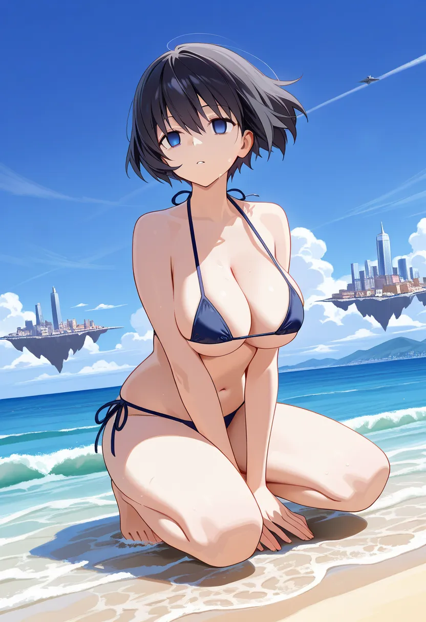 A Floating City,, waiting for someone ,Wind,,。 , large breasts, sajouayaka (Fate_prototype)  black hair, short hair, blue eyes, ,, sea, micro bikini for puffy, 17years old. full body, empty eyes