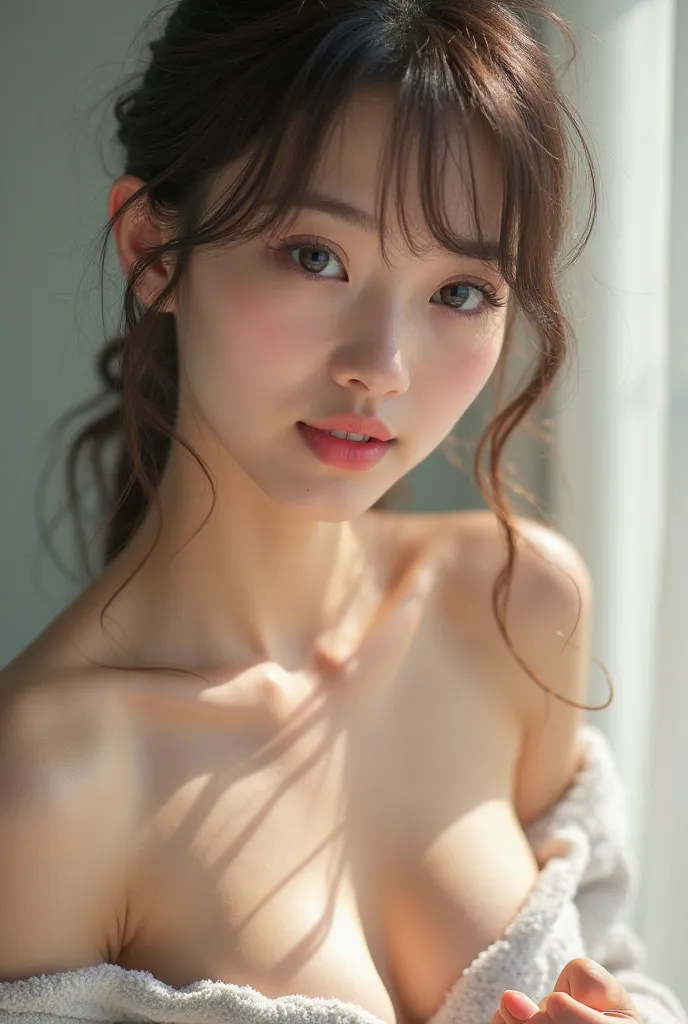  Japanese High School Girl、 sexy, Wear only a bath towel, Chest Valley, collarbone、give your boobs a seductive look, lure,  bite half of her lip , High Precision, Real Photos,Seductive Expression, sensual, Sweet look, provocative gaze holding something, Cl...