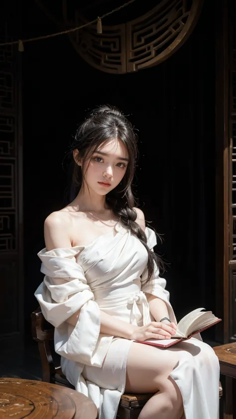 Ultra HD 4K, detailed skin,detailed face,Black hair tied at the back,Chinese style white dress,hanging a white blanket on the shoulder,A book in one hand ,watch viewers,portrait sitting on a chair in front of a table,