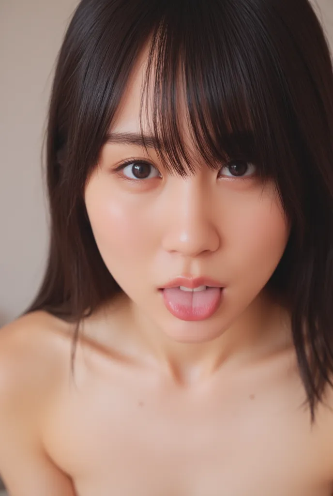 the upper body of an amazing 20 year old woman with a beautiful body、very straight dark hair、 she's an idol、cute woman is sitting wide、sticking out the tongue、 waiting for her tongue 、Plump Lips、 nudes、The chest is in the frame、1 girl、staring at the camera...