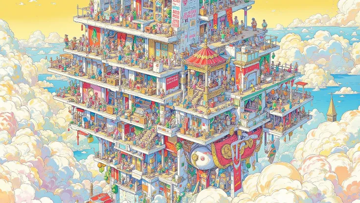 空中に浮く浮遊都市のSectional viewを掲載した芸術的なポスター,  Kingdom of the Sky,An Expansive Kingdom Floating in the Sky , Expanding Multiple Structures , Very Tiny Fairy, apartment ,   Allegorical Design  ,Sectional view,Sectional viewの中の小さなフェアリー, smooth design sketch , intri...