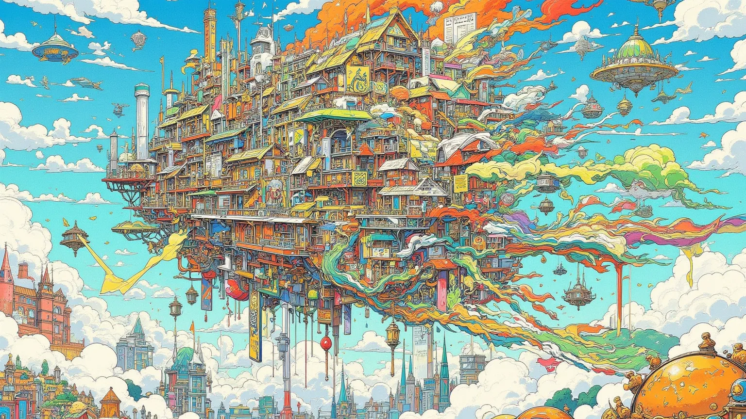 空中に浮く浮遊都市のSectional viewを掲載した芸術的なポスター,  Kingdom of the Sky,An Expansive Kingdom Floating in the Sky , Expanding Multiple Structures , Very Tiny Fairy, apartment ,   Allegorical Design  ,Sectional view,Sectional viewの中の小さなフェアリー, smooth design sketch , intri...