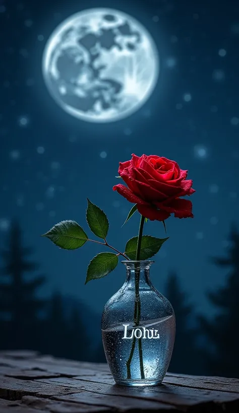 Create an image of a starry night with the moon lighting up the sky, in the foreground a crystal vase with the engraved text "Lobo Jr ", inside the glass a beautiful red rose, adorned on its petals with drops of night dew, in the sky you can see the face o...