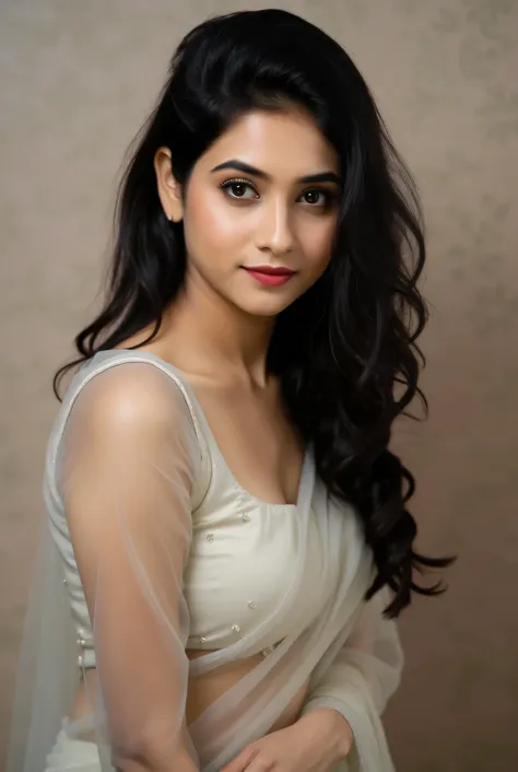 Indian girl in transparent Saree. Showing  and clevage.
