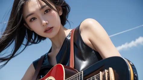 As shown in the photo, a close-up of a Japanese woman's face is playing a black electric guitar alone against the backdrop of a bright blue sky with a single contrail. The beautiful Japanese woman with long, dark hair is wearing a sleeveless red leather ju...