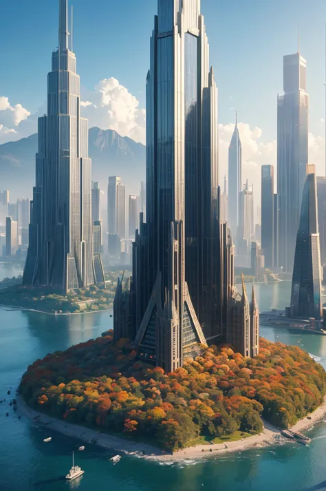 The surface of the earth is a super huge mountain of autumn leaves, and the top of that mountain is shaped like a triangle, is infinitely large, and inside there are many glass-covered skyscrapers in the shape of sharp drills fused with Future City and nat...