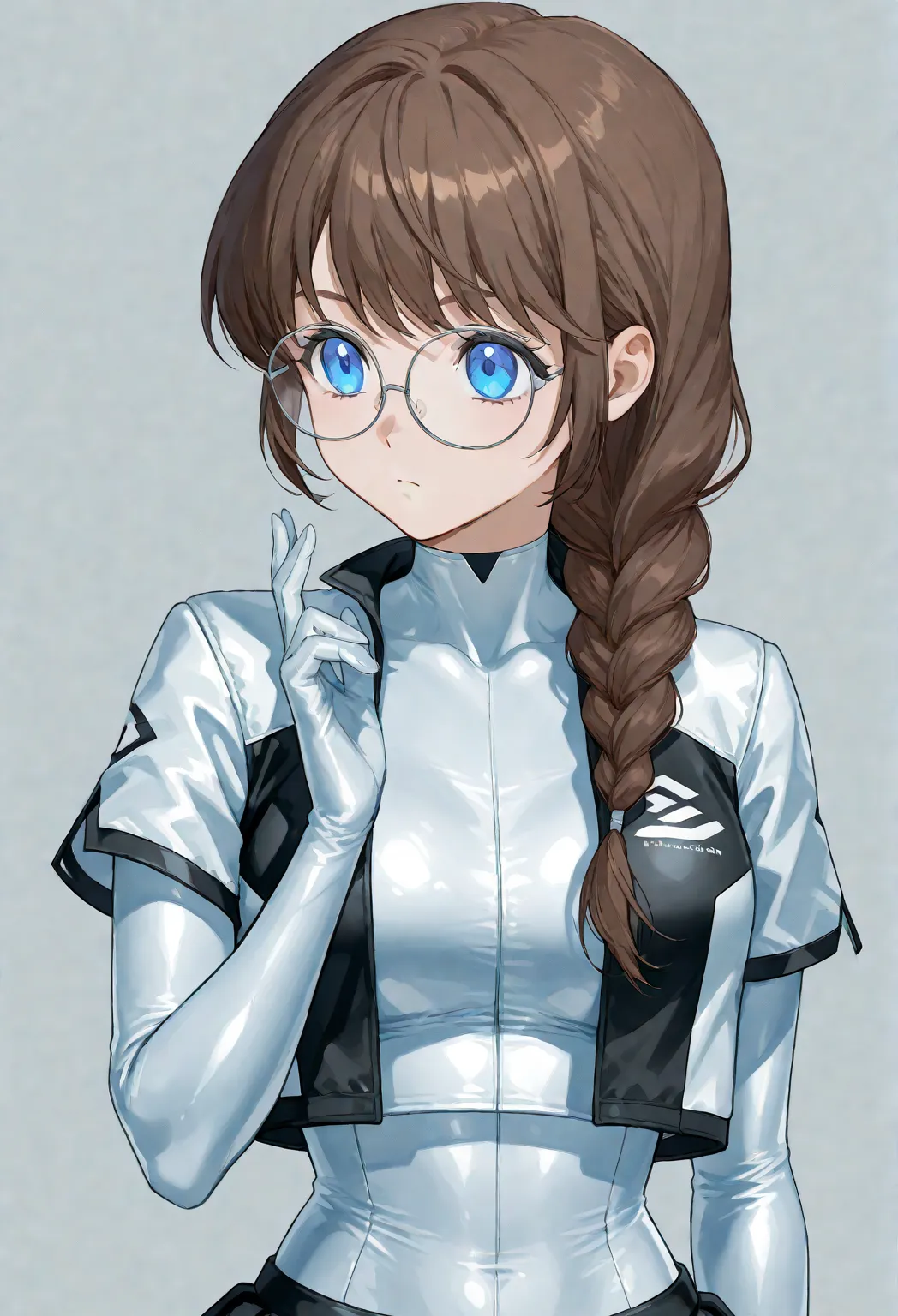 Anime cute young Woman with brown hair in a short braided ponytail over shoulder, with blue eyes, with glasses, in a very tight superhero suit with a black and white color scheme with stripe pattern, with short opened vest jacket, with skirt, with full glo...