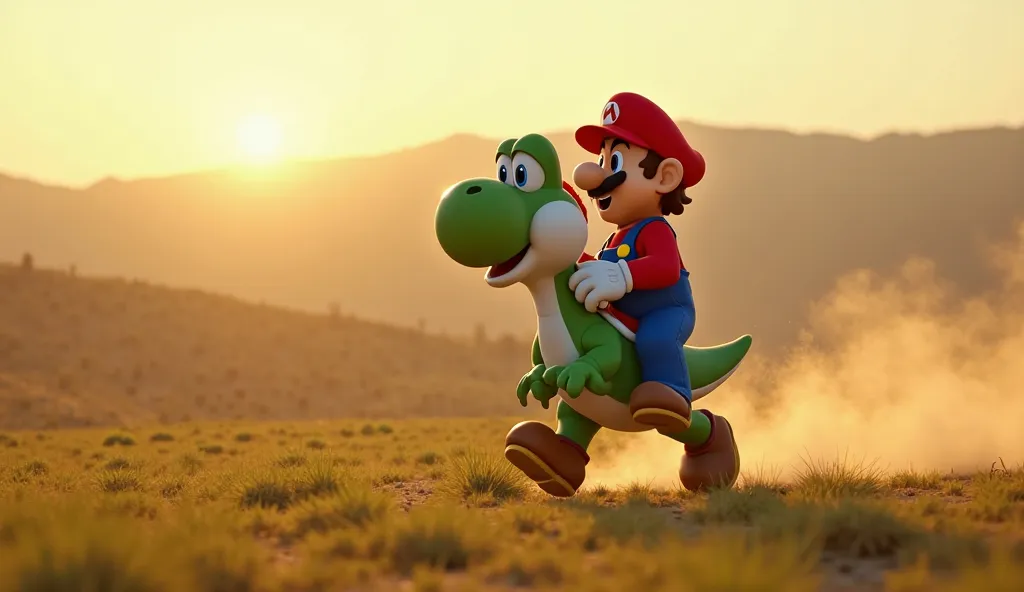 A realistic cinematic scene, captured in Super Panavision 70mm, showing Yoshi galloping with Mario on his back across a vast, epic field. Yoshi’s skin is detailed, with realistic textures that capture every subtle scale and natural tone. His eyes are expre...