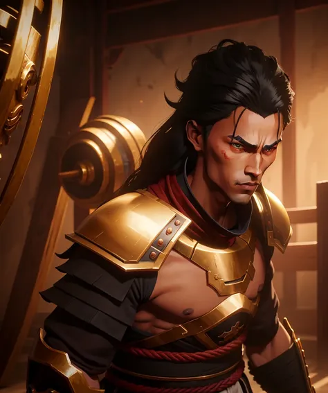 1 boy. arcano. arcano. samurai clothing. without armor. long hair. black hair. tanned skin.  golden eyes.