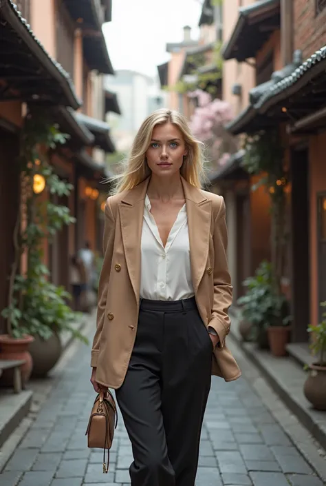 Jolie jeune femme blonde yeux bleus marchant dans les rues anciennes de tokyo. Ambiance du mois de mars. Elle sourit et porte des vêtements de mode. Ambiance très réaliste. Photographie de mode.