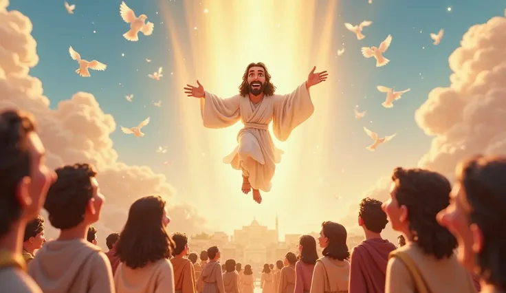 15. The Ascension of Jesus
📜 Cinematic Scene:
Style: (ren's 3D animation, Style: 3D animation, soft colors with magical lighting and heavenly atmosphere, inspired by films such as Moana, The Secret Life of Pets, or Ren's book illustrations. Characters have...