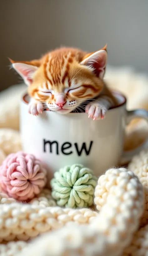 A small, adorable orange tabby kitten sleeping inside a large white ceramic cup with ‘mew’ written on it. The kitten’s front paws are resting on the edge of the cup, and its eyes are closed peacefully. The cup is placed on a soft, cream-colored knitted bla...