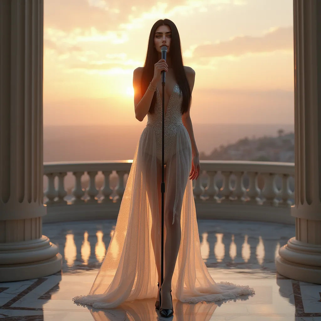 Skinny white young woman, long straight black hair down to the floor, long silver dress, Black high shoe, singing with a black microphone,  On top of the terrace,  Dawn 