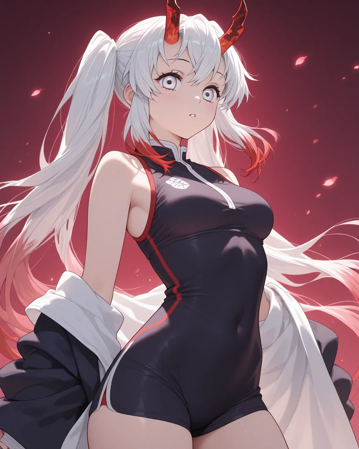 1 girl with white hair with red locks and silver eyes she is a sexy demon slayer in a small sports outfit she has red horns white hair with red locks she is in the gym 