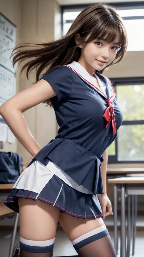 Masterpiece,Product quality,One young beautiful Japanese woman, Pin-up Model, smiling, medium height,(well-proportion:1.5), female student.
Front view,(Cowboy shot),(composition emphasizing thighs:1.4),(shot from below:1.4).
Daytime,(high school classroom:...